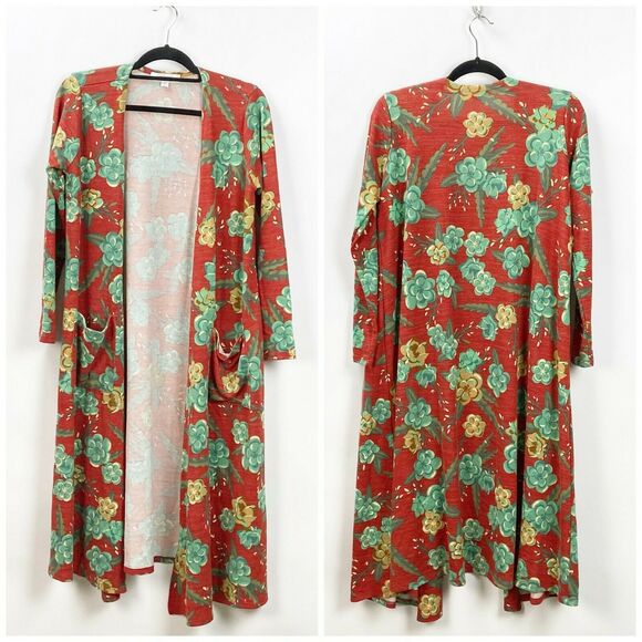 Lularoe Medium Womens Unicorn Sarah Red Floral Print Long Open Front Cardigan - Picture 1 of 5